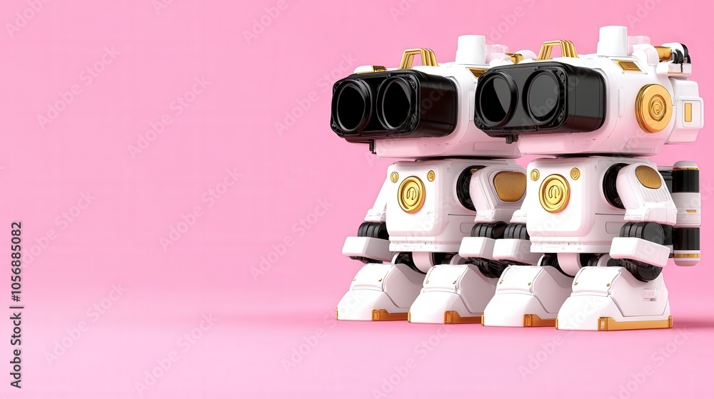 Fototapeta premium Futuristic Robots with VR Headsets on Pink Background