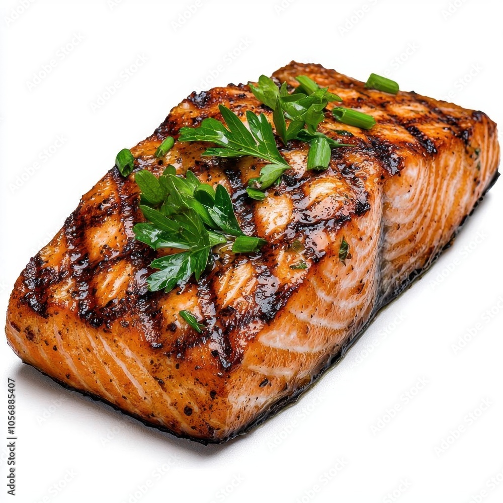 A photostock of grilled salmon with garnish on a white background, healthy and appetizing. A photostock of grilled salmon with garnish on a white background, healthy and appetizing.