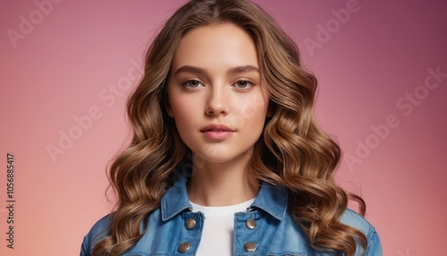 Close-Up Portrait of a Stylish Young Woman in Textured Denim Jacket with Wavy Hair. Stylish Portrait of Young Woman in Textured Denim Jacket.