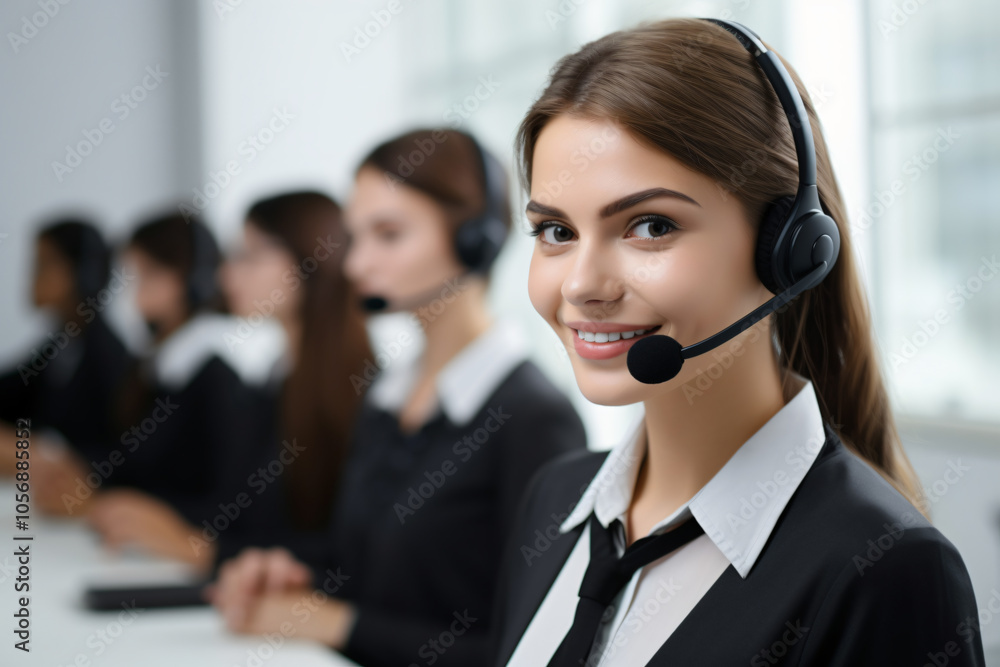 A smiling customer service executive works in a call center A smiling customer service executive works in a call center