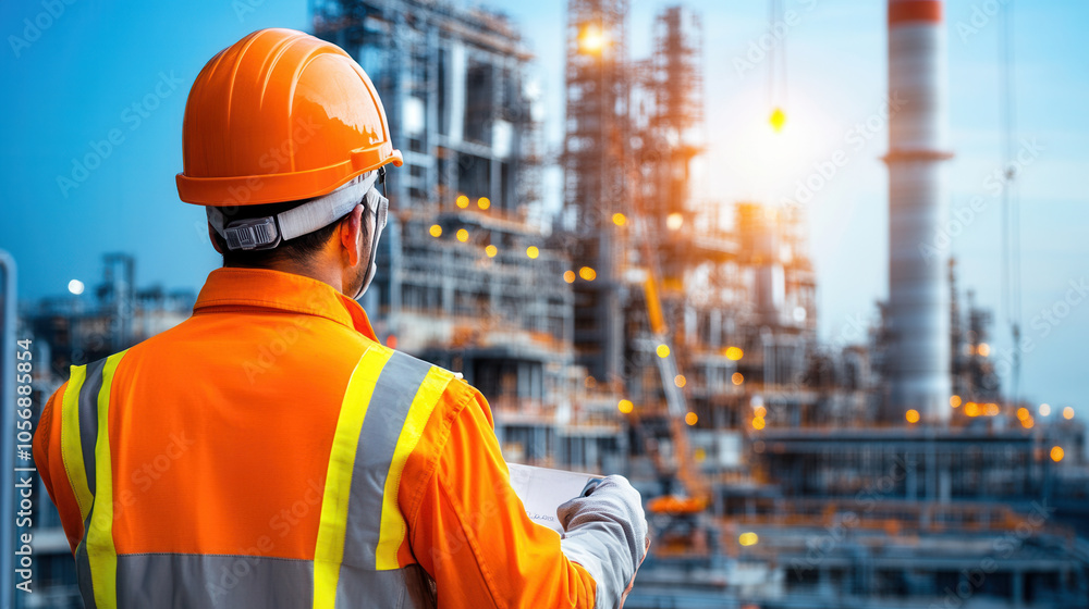 construction worker in orange safety vest and helmet observes construction site at sunset, showcasing industrial activity and safety measures construction worker in orange safety vest and helmet observes construction site at sunset, showcasing industrial activity and safety measures