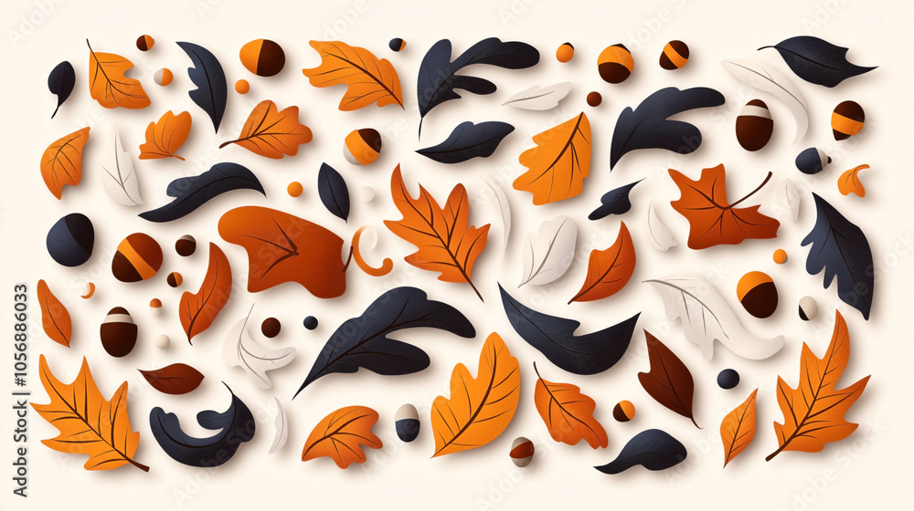 Decorative autumn leaves and acorns in orange, brown, and cream colors arranged on a light background in a seamless pattern. Decorative autumn leaves and acorns in orange, brown, and cream colors arranged on a light background in a seamless pattern.