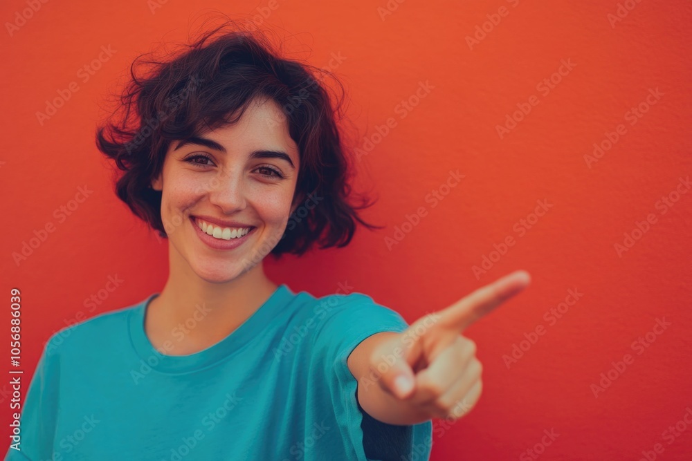 A happy woman is smiling and pointing at the camera, a simple yet expressive moment A happy woman is smiling and pointing at the camera, a simple yet expressive moment