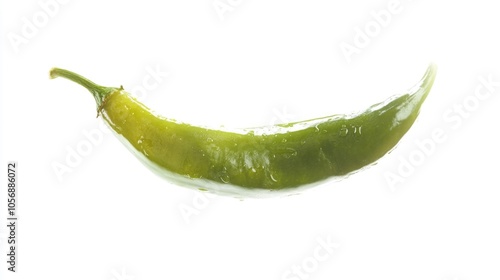 A lone green pepper sitting on a white background