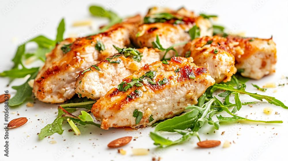 Almond flour chicken tenders with greens and cheese isolated on white background Almond flour chicken tenders with greens and cheese isolated on white background