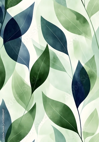 Abstract seamless pattern with green and blue leaves, green watercolor background, vector illustration, flat design, geometric