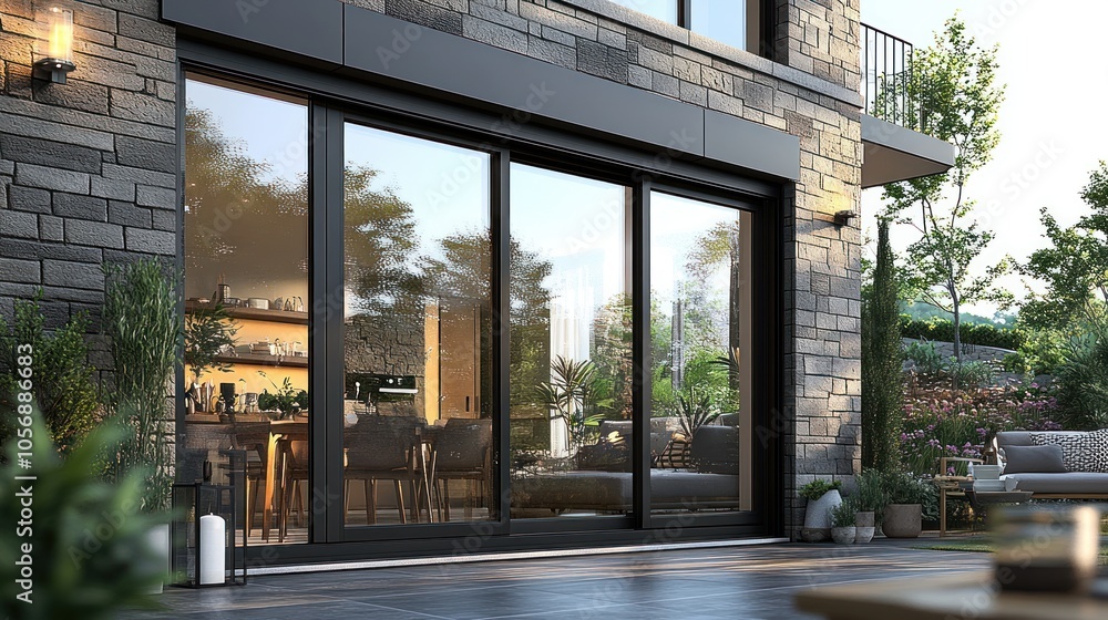 Modern glass doors opening to a stylish interior space. Modern glass doors opening to a stylish interior space.