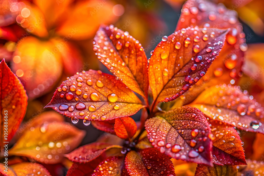 Close-up of vibrant orange leaves adorned with raindrops, showcasing the beauty of nature and the freshness of a rainy day. Close-up of vibrant orange leaves adorned with raindrops, showcasing the beauty of nature and the freshness of a rainy day.