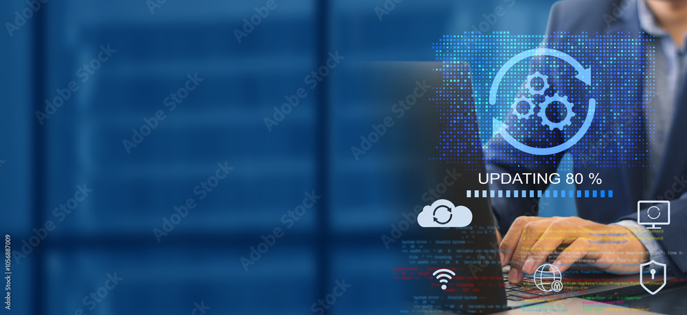 A business person updates software, installs an update process, and upgrades the software version concept. Software updates or operating system upgrades A business person updates software, installs an update process, and upgrades the software version concept. Software updates or operating system upgrades