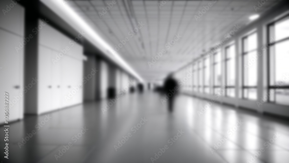 Fototapeta premium Long hallway with overhead lighting and windows on one side.