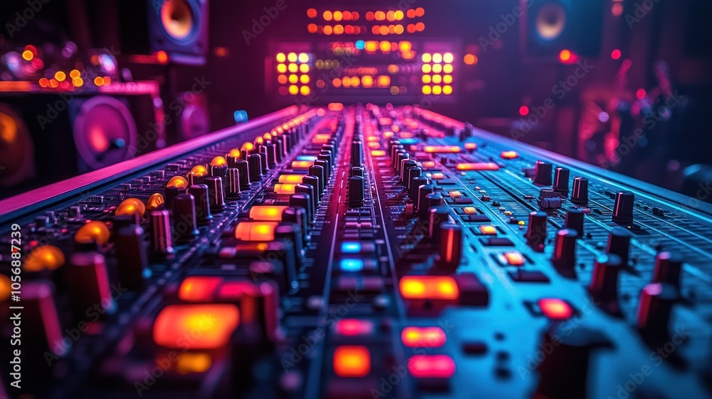 Close-up of a vibrant audio mixing console with illuminated controls. Close-up of a vibrant audio mixing console with illuminated controls.
