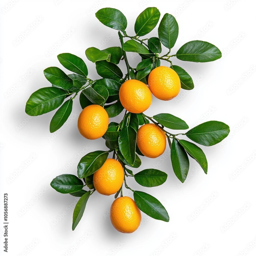 A photostock of kumquats on a branch on a white background, exotic and vibrant. A photostock of kumquats on a branch on a white background, exotic and vibrant.
