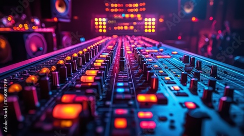 Close-up of a vibrant audio mixing console with illuminated controls.