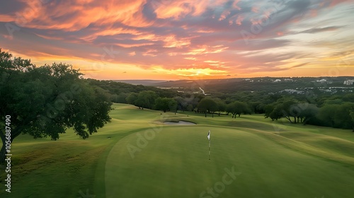 Wide landscape view of a serene golf course, with a vibrant green fairway stretching out and the flag positioned on the side. The golden hour light paints the scene in a warm glow, while trees