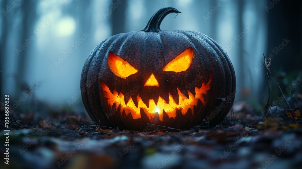 Scary glowing jack-o'-lantern pumpkin with sharp teeth for Halloween night decor. Scary glowing jack-o'-lantern pumpkin with sharp teeth for Halloween night decor.