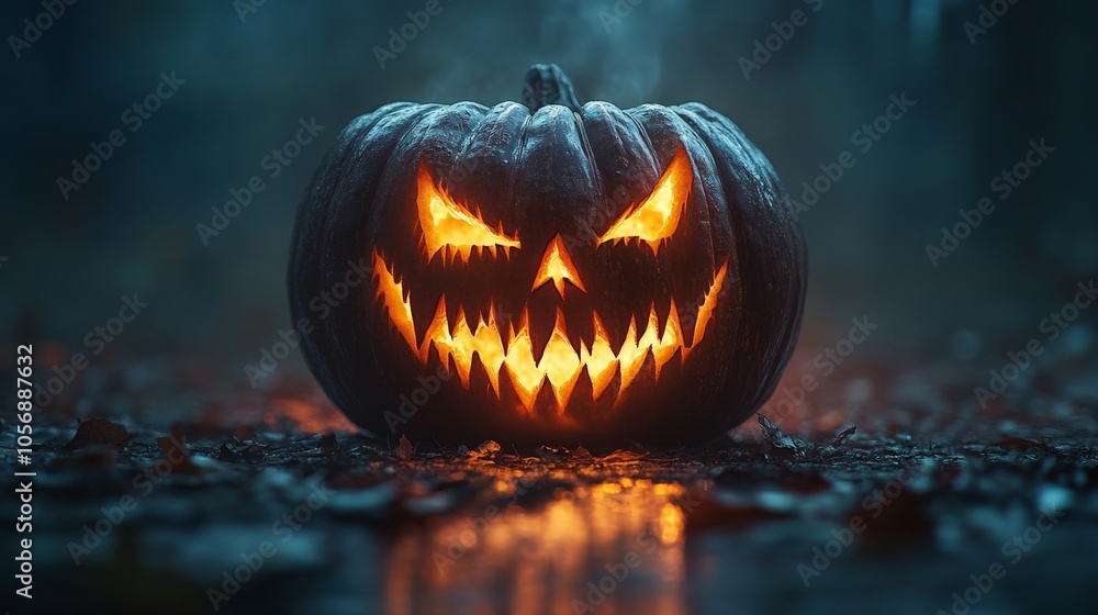 Scary glowing jack-o'-lantern pumpkin with sharp teeth for Halloween night decor. Scary glowing jack-o'-lantern pumpkin with sharp teeth for Halloween night decor.