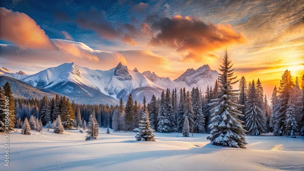 Tranquil winter scene with snowy mountains and pine trees at sunset, Winter, Tranquil, Snowy, Mountains, Pine trees, Sunset Tranquil winter scene with snowy mountains and pine trees at sunset, Winter, Tranquil, Snowy, Mountains, Pine trees, Sunset