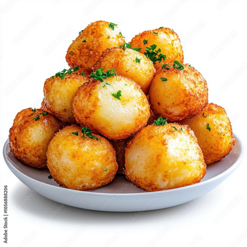 A photostock of potato cheese balls on a white plate, crunchy and savory. A photostock of potato cheese balls on a white plate, crunchy and savory.