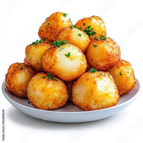 A photostock of potato cheese balls on a white plate, crunchy and savory.