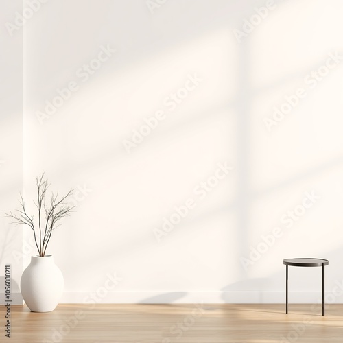 White vase with twig branches on a light wood floor with a black side table. photo