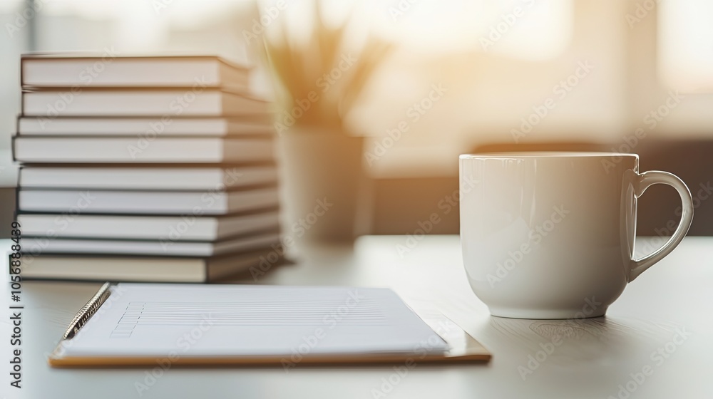 A serene workspace featuring stacked books, a notebook, and a warm cup of coffee, illuminated by soft natural light. A serene workspace featuring stacked books, a notebook, and a warm cup of coffee, illuminated by soft natural light.