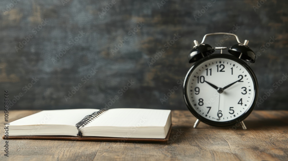 A classic alarm clock beside a blank notebook creates a timeless scene emphasizing the passage of time and the opportunity for writing or reflection. A classic alarm clock beside a blank notebook creates a timeless scene emphasizing the passage of time and the opportunity for writing or reflection.