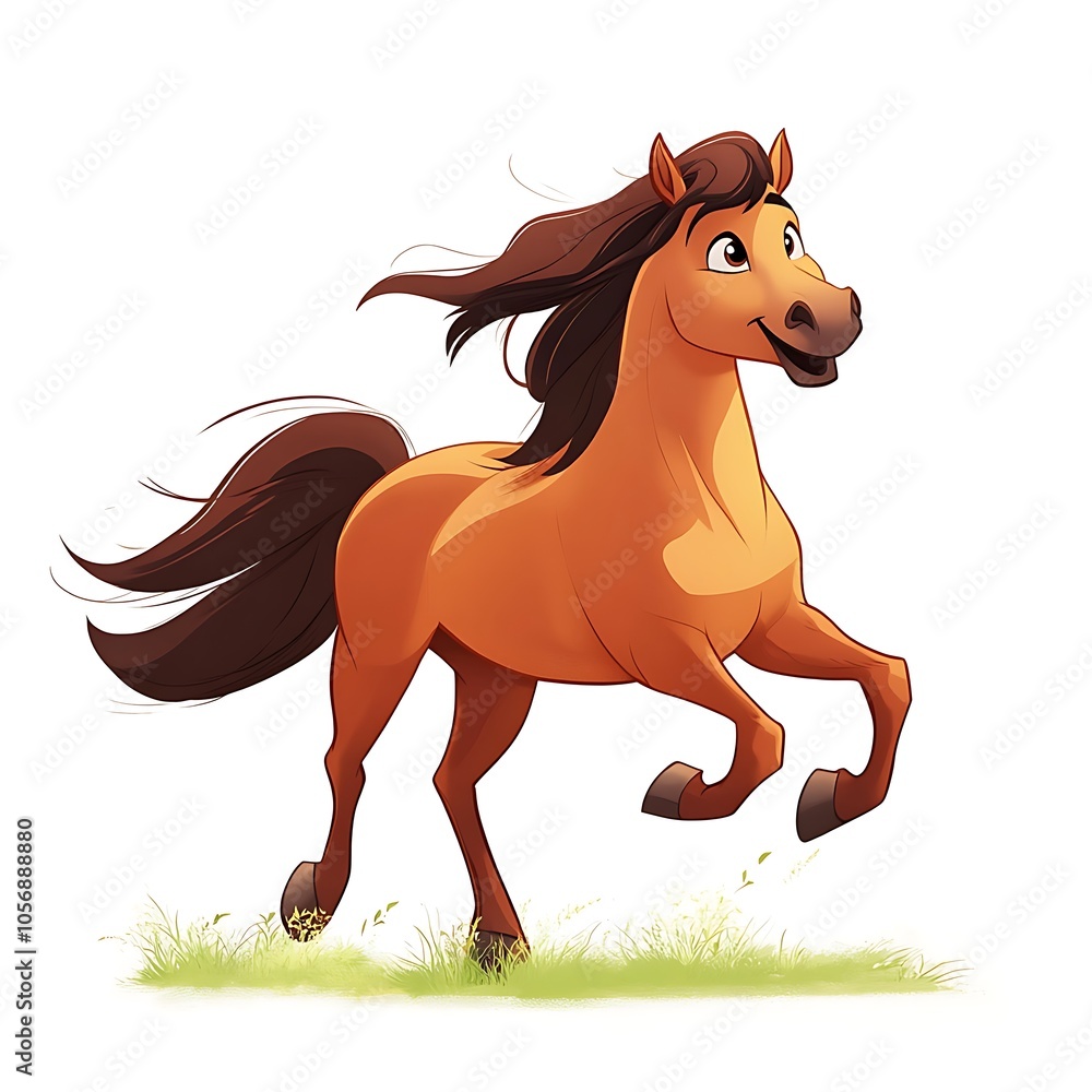 A cartoon horse with a flowing mane, trotting happily across a pasture on a white background. A cartoon horse with a flowing mane, trotting happily across a pasture on a white background.