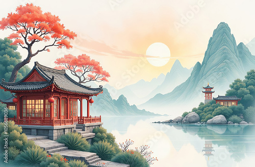 a landscape with a pagoda in the style of traditional Chinese painting