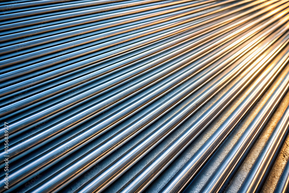 Obraz premium A close-up view of metallic rods arranged parallel, capturing reflections and shadows, showcasing texture and industrial design.