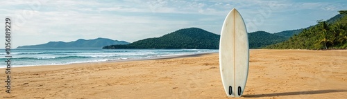 A serene beach scene with a surfboard resting on soft sand, surrounded by lush mountains and a clear blue sky.