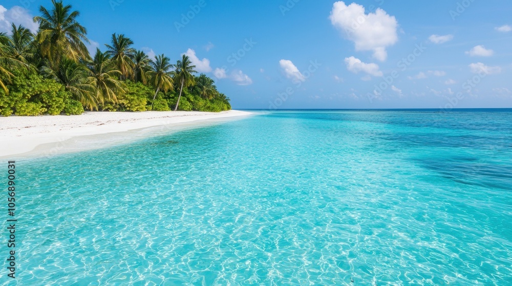 Naklejka premium A tranquil tropical beach with clear turquoise water and palm trees under a bright blue sky.