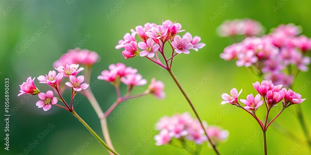 Group of small pink flowers growing on a stem with thin leaves and a central stem, botanical images, colorful blooms, plant growth, foliage, greenery Group of small pink flowers growing on a stem with thin leaves and a central stem, botanical images, colorful blooms, plant growth, foliage, greenery