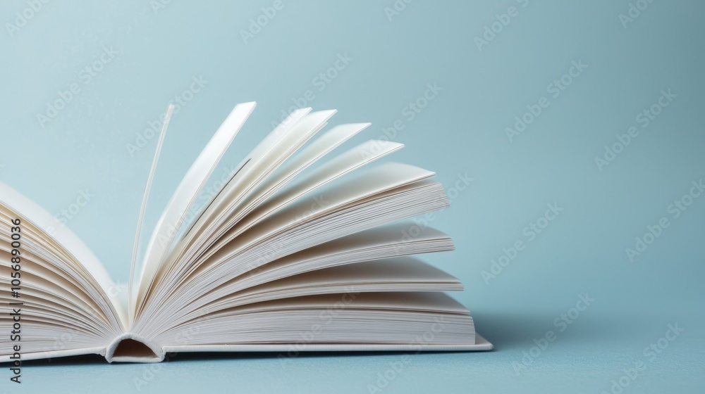 An open book with flipping pages rests on a light blue background, showcasing its intricate details and textures. An open book with flipping pages rests on a light blue background, showcasing its intricate details and textures.