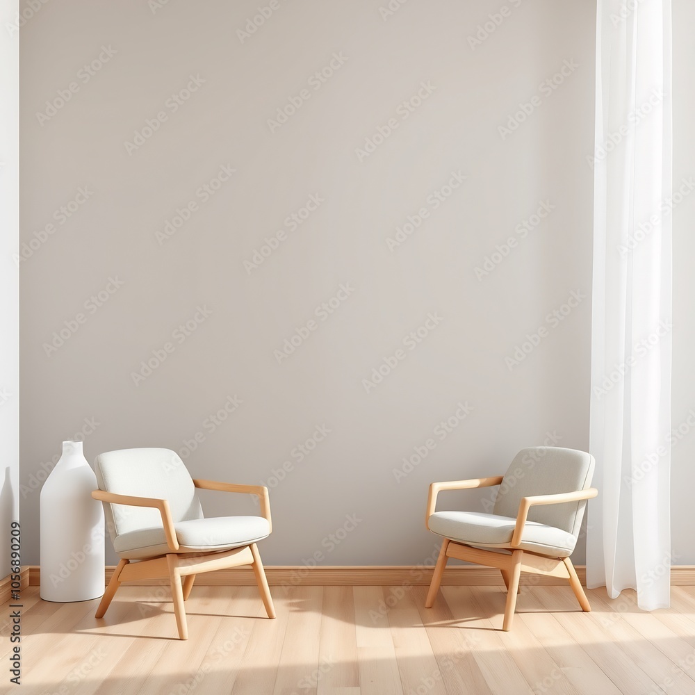 Two chairs and a vase in a minimalist living room with light wood floors. Two chairs and a vase in a minimalist living room with light wood floors.