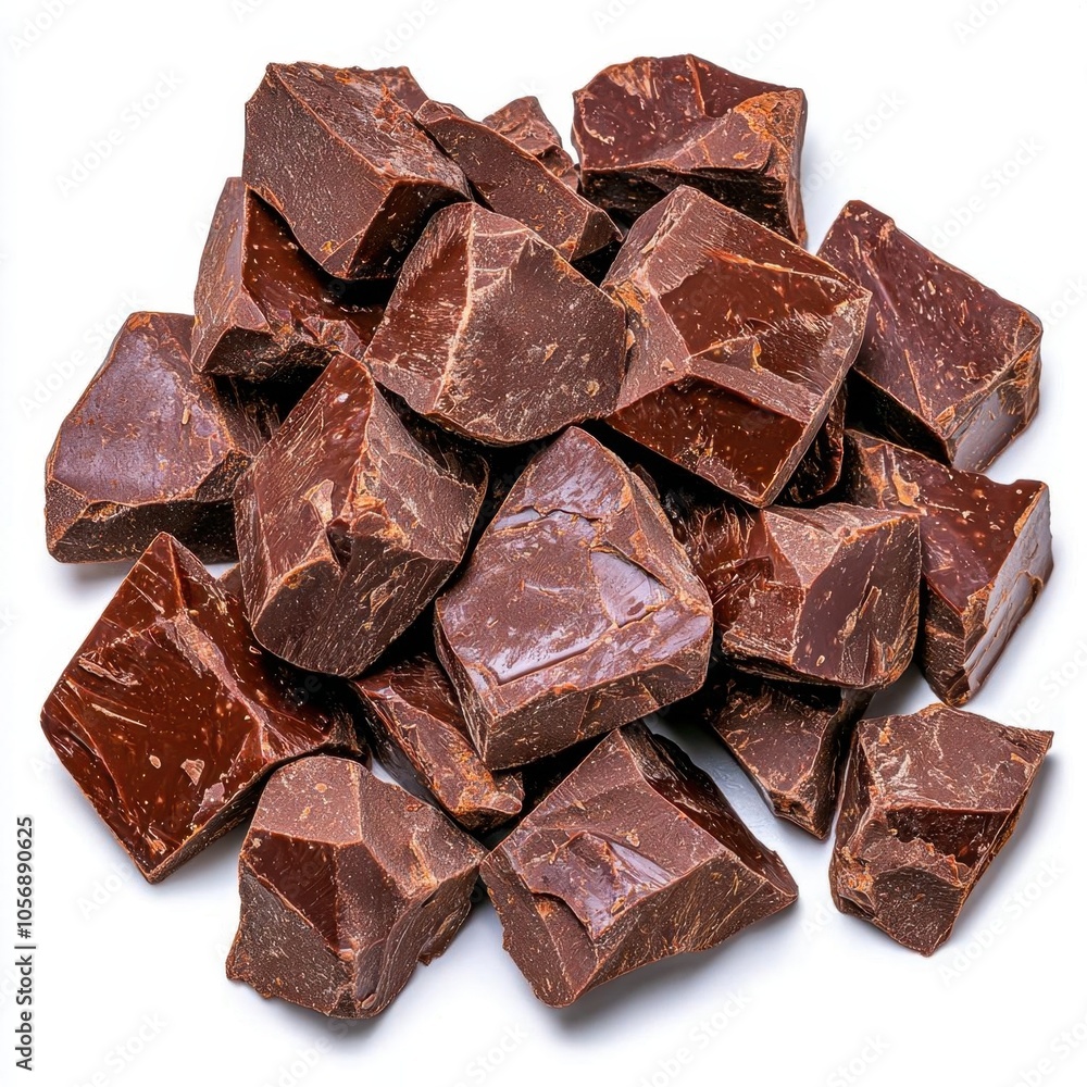 A photostock of rich dark chocolate chunks on a white background, indulgent and sweet. A photostock of rich dark chocolate chunks on a white background, indulgent and sweet.