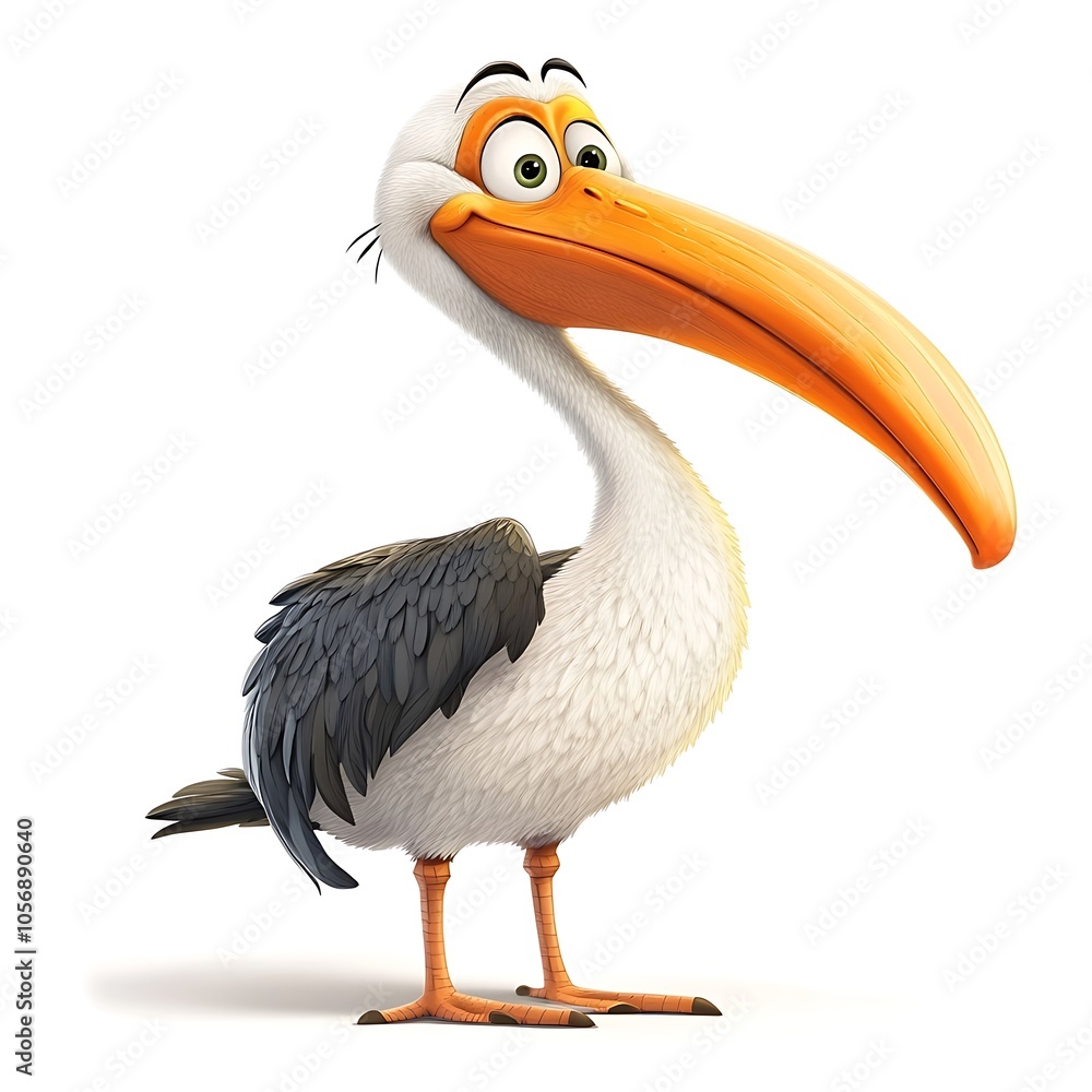Fototapeta premium A cartoon pelican standing with a large beak on a white background.