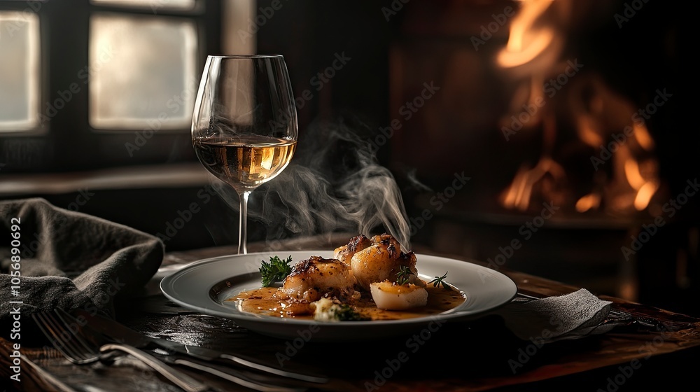 fine dining meal, with a glass of wine, food photography, award-winning photograph, Photorealistic, Canon EOS 5D Mark IV DSLR, professional lighting set up8k, moody lighting.generative ai