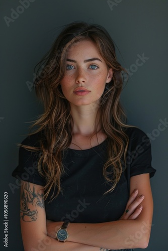 Portrait of a beautiful girl in a black shirt with a tattoo.