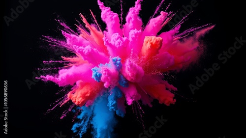 A vibrant explosion of pink, orange, and blue powder against a dark backdrop, creating a captivating burst of color and movement.
