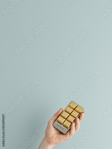 Gold bars and a calculator on a desk, representing gold as a reliable investment option, with clean design and generous copy space.