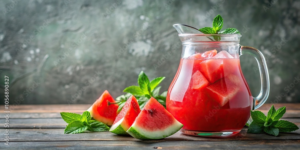 Ice-cold watermelon juice squeezed into a pitcher filled with fresh mint leaves and sprigs of rosemary, fresh fruit, summer fun, herbal tea, summer drinks, summer salads Ice-cold watermelon juice squeezed into a pitcher filled with fresh mint leaves and sprigs of rosemary, fresh fruit, summer fun, herbal tea, summer drinks, summer salads