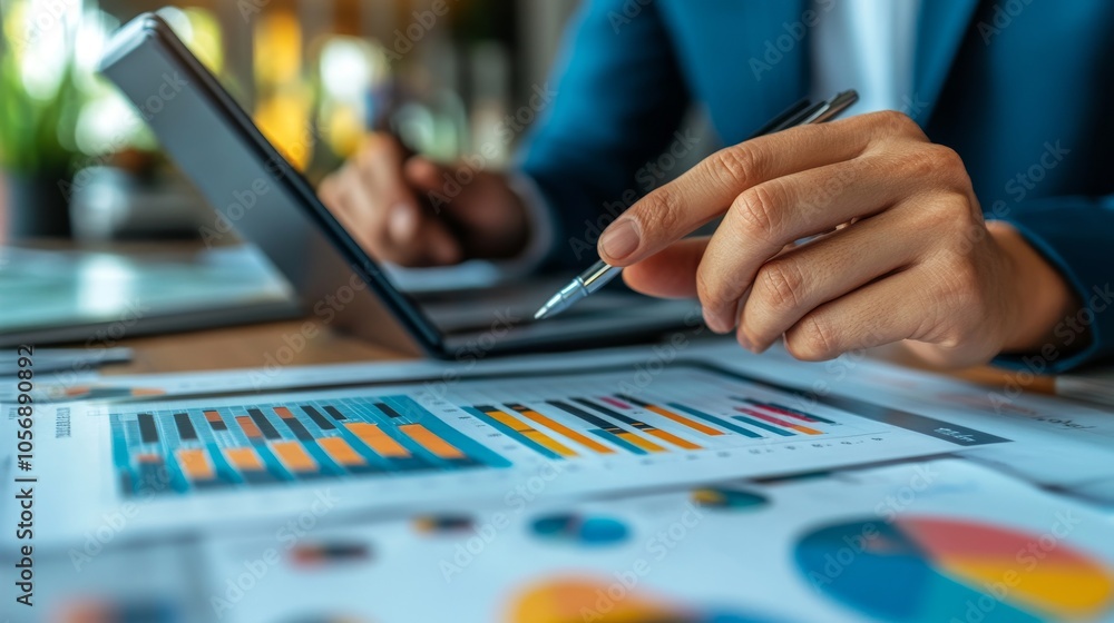 Close-up of a Hand Pointing at a Bar Graph on a Financial Report Close-up of a Hand Pointing at a Bar Graph on a Financial Report