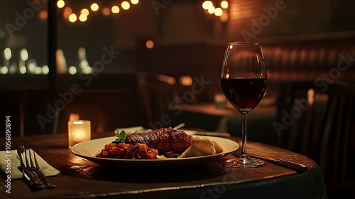 fine dining meal, with a glass of wine, food photography, award-winning photograph, Photorealistic, Canon EOS 5D Mark IV DSLR, professional lighting set up8k, moody lighting.generative ai