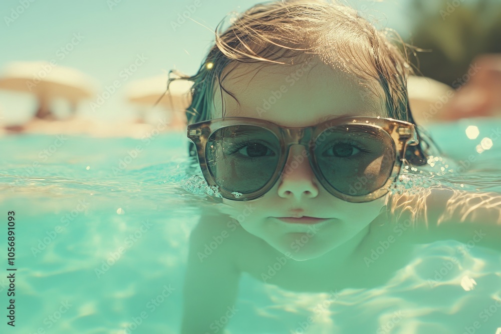 Fototapeta premium A young girl swims in a pool while wearing sunglasses, perfect for illustrating summer fun or kids' activities