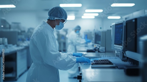 A Scientist in a Lab Coat Works with a Computer and Equipment photo