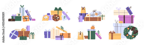 Set of heaps of festive gift boxes. Piles of presents with different shapes and sizes for holidays. Christmas surprises, Xmas giftboxes, Birthday packages. Flat isolated vector illustrations on white