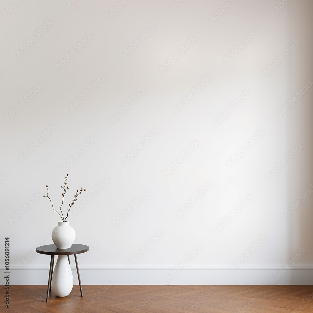 Minimalist white vase with dried branches on wooden table against white wall. Minimalist white vase with dried branches on wooden table against white wall.