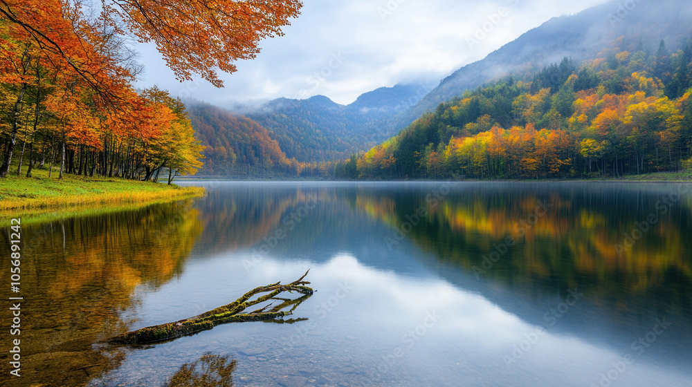 serene lake surrounded by vibrant autumn foliage and misty mountains creates tranquil atmosphere. reflection of colorful trees on water enhances peaceful scene serene lake surrounded by vibrant autumn foliage and misty mountains creates tranquil atmosphere. reflection of colorful trees on water enhances peaceful scene