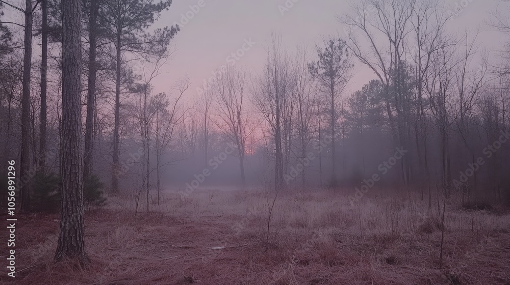 Serene Misty Morning in a Soft Pink Forest Serene Misty Morning in a Soft Pink Forest
