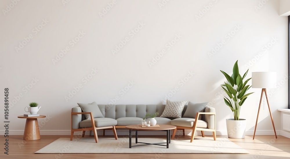 Modern living room with a grey sofa, wooden chairs and a round coffee table. Modern living room with a grey sofa, wooden chairs and a round coffee table.